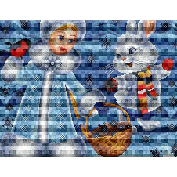Cross Stitch DIY Kit - Snow Girl and Rabbit Pattern - 15.74×19.68 - Picture 1 of 2